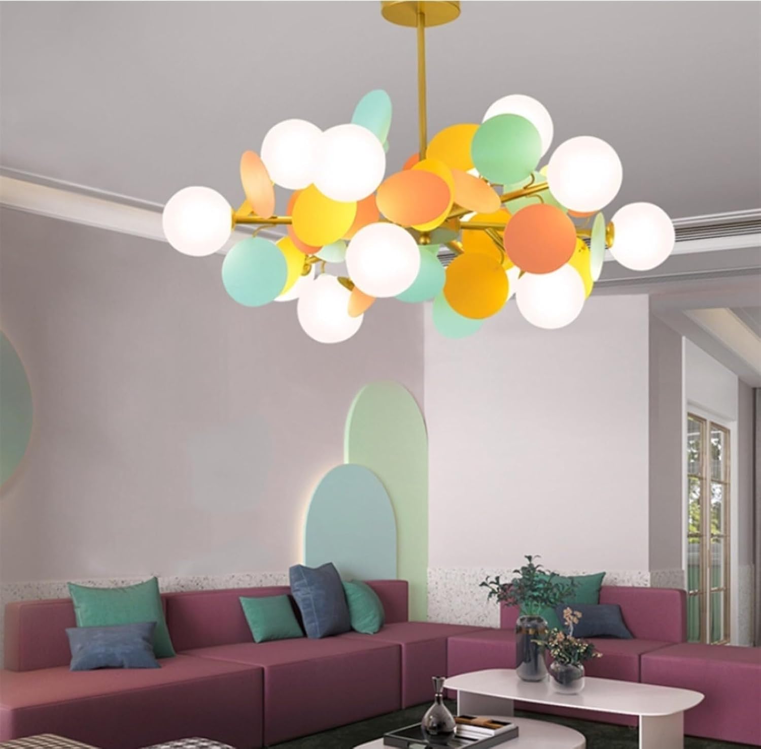 Pendant Lights 8-Lights Chandelier with White Globe Glass Shade Gold Chandelier Adjustable Height Metal Fixture for Living Room(9 Lights)