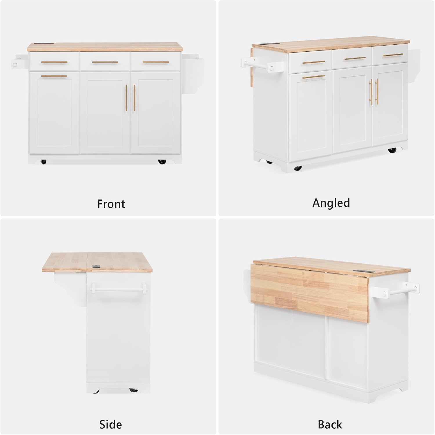 Kitchen Island Cart with Solid Wood Top, Mobile Carts with Storage Cabinet, Rolling Kitchen Table with Trash Can Storage, Power Outlet, Spice & Towel Rack, Portable Islands on Wheels, White