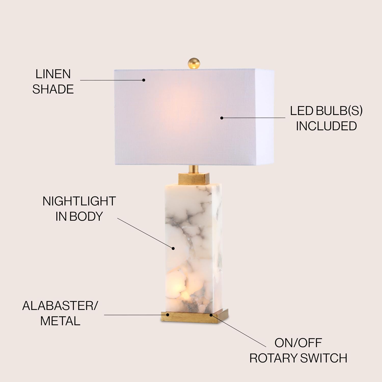 JONATHAN Y 27.5' White/Gold Modern Alabaster Rectangular Table Lamp with Night Light Contemporary Coastal Bedside Lamp for Bedroom with White Linen Shade LED Bulbs Included JYL6201A