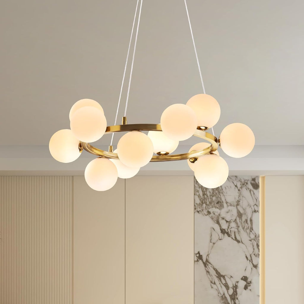 Modern Sputnik Chandelier Light Fixture, 12-Light Gold Bubble Glass Chandeliers for Dining Room, Mid Century White Globe Pendant Lighting for Kitchen Island, Bedroom, Foyer,Living Room,23.6IN
