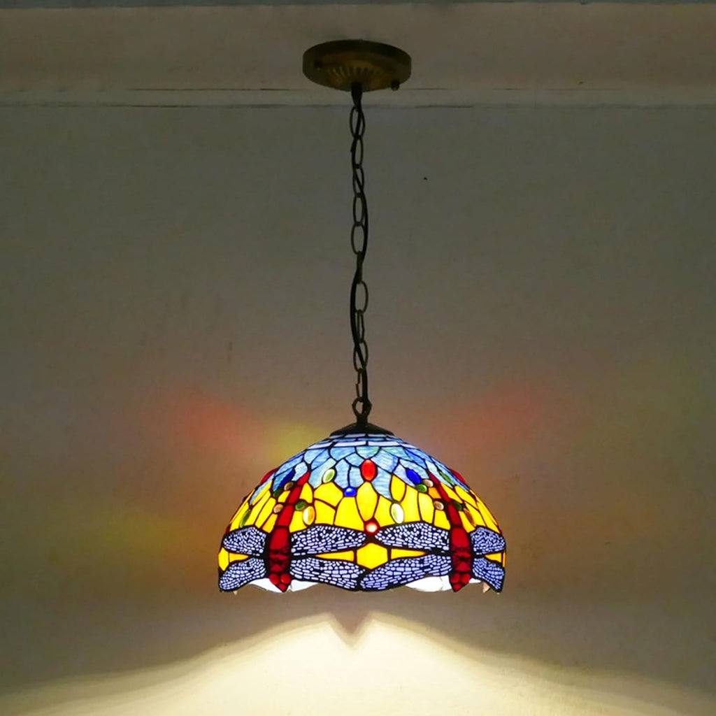 12 Inch Dragonfly Stained Glass Lamp Shade, Tiffany Style Lampshades Replacement, Handmade Vintage Lamp Cover Accessories Only for Table lamp Pendant Light Ceiling Fixture,Yellow