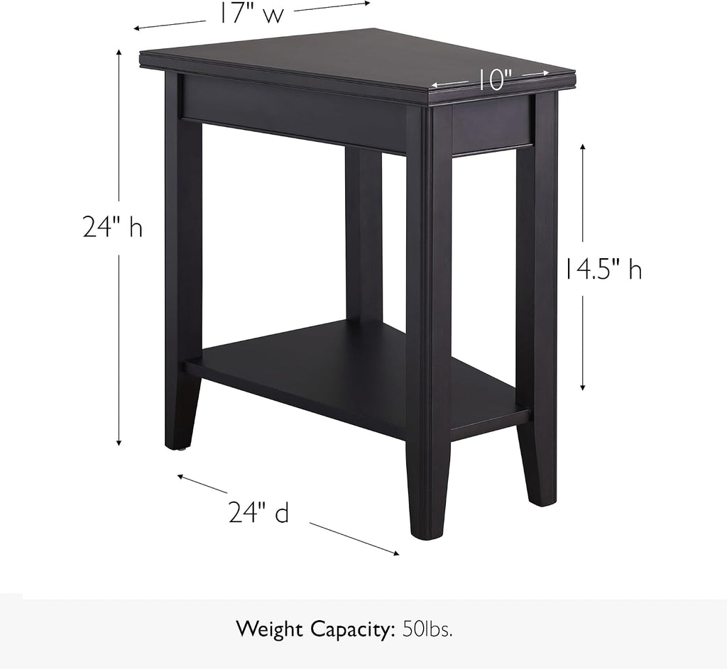 Leick Home Laurent End Table, Solid Wood, Narrow Wedge Shape, Bottom Display Shelf, Easy-Assembly, For Living Room/Bedroom, Black, 24.0 in. L x 17.0 in. W x 24.0 in. H, 10502-BK