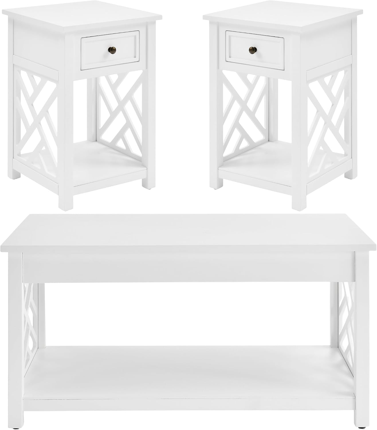 Coventry 36 in. Coffee Table and 2 End Tables with Drawers - Cottage-Style Living Room Furniture Set with Open-Design Decorative Details - Accent Tables with Storage Compartment