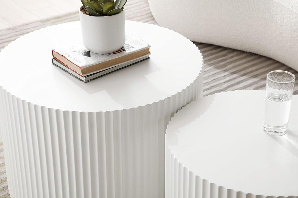 Nesting Coffee Table Set of 2, 23.6' Round MDF Nesting Tables with Roman Column Design, Modern Handcrafted Wooden Drum Accent Tables for Living Room, No Assembly Required - White