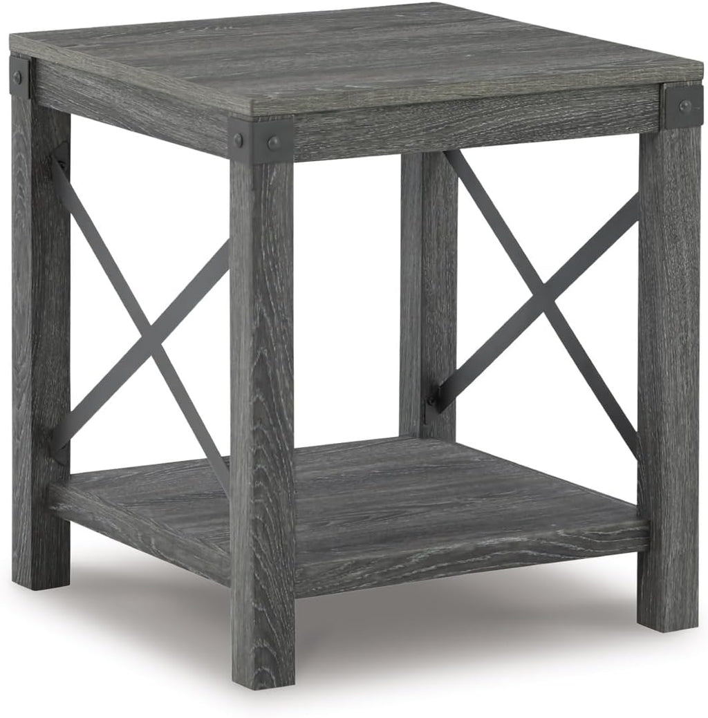Signature Design by Ashley Freedan Rustic Square Farmhouse End Table, Wood, Metal Crossbuck Accents, Lower Display Shelf, 22.63' High, Gray
