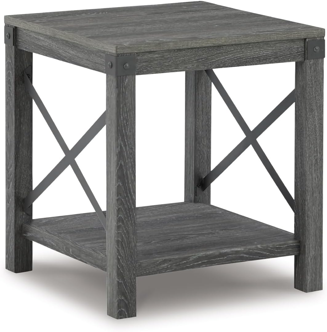 Signature Design by Ashley Freedan Rustic Square Farmhouse End Table, Wood, Metal Crossbuck Accents, Lower Display Shelf, 22.63' High, Gray