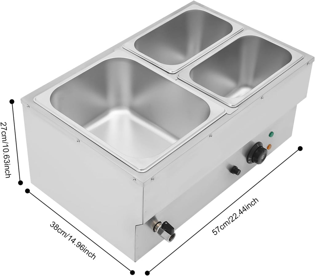 3-Pan Commercial Steam Table, Electric Bain Marie Food Warmer 600W Stainless Steel Countertop Buffet Food Warmer Container 21.6Qt with Lid and Tap for Catering, Restaurant, Buffets