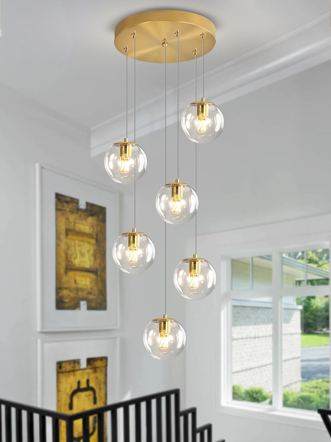 ykolupty 6-Light LED Staircase Modern Glass Globe Pendant Light Gold Chandeliers Large Chandeliers for High Ceilings, Entryway Lighting Fixture Villas and Stairs