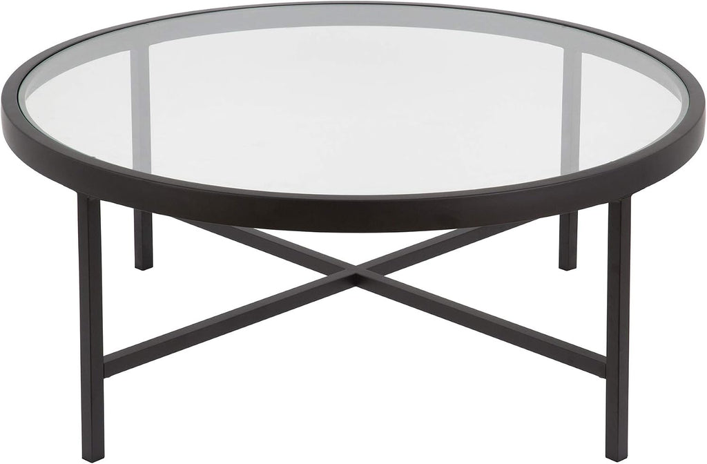 Henn&Hart 36' Wide Round Coffee Table with Glass Top in Blackened Bronze, Modern coffee tables for living room, studio apartment essentials