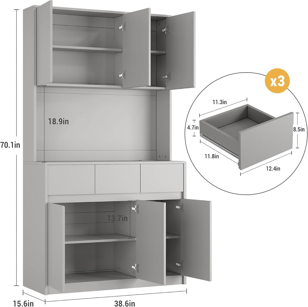 71' Kitchen Pantry Cabinet,Tall Storage Cabinet with Doors & Shelves Adjustable, Kitchen Storage Hutch with Microwave Shelf,Coffee Bar,Led Lights&Charging Station,Corner Pantry Cabinet for Living Room
