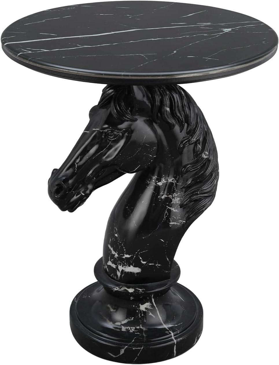 Modern Accent Table Living Room Horse Statue Black Stripe Contemporary‌ Faux Marble Night Stand Side Table with Horse Head Base Reception Area & Bedroom（Width 19.69' ——Tall 24.8'）