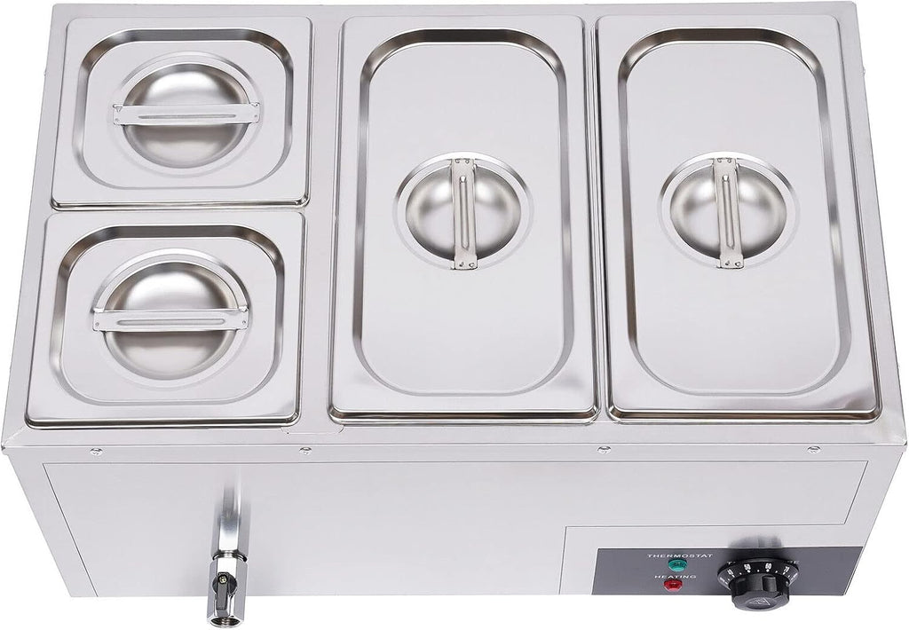 Bain Marie Buffet 4-Pan 850W Electric Steam Table Food Warmer with Lids - Stainless Steel Commercial 21.2Qt(20L) Capacity for Restaurants, Catering, Buffets