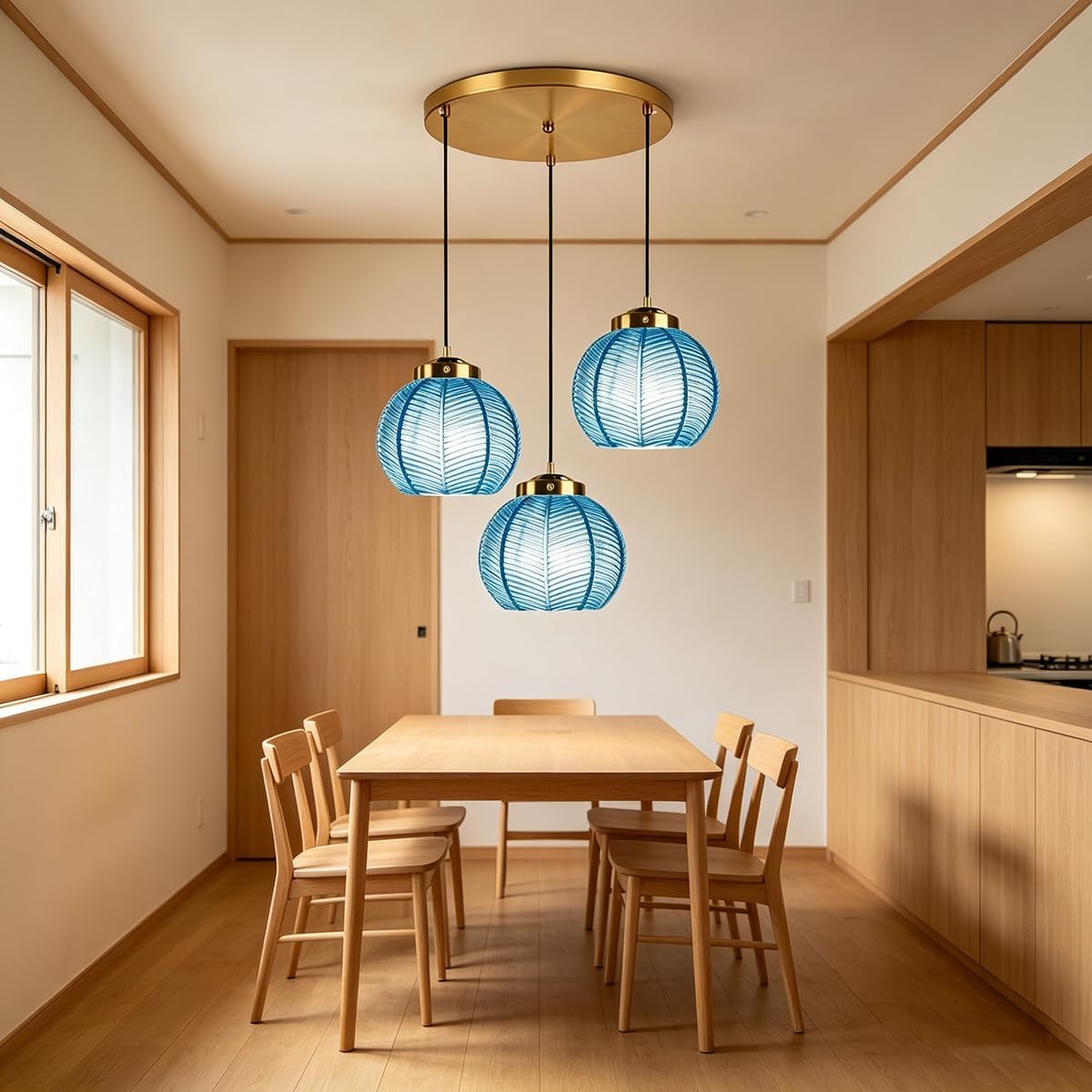 Cluster Pendant Light Glass Globe Chandelier 3-Lights Adjustable with 8.7″ Blue Glass Shades, Mid-Century Modern Kitchen Island Chandeliers,Ribbed Ball Gold Ceiling Hanging Lights