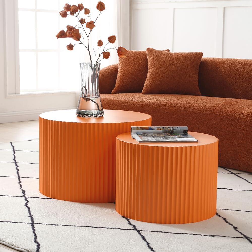 WILLIAMSPACE Nesting Coffee Table Set of 2, Matte Orange Round Wooden Coffee Tables, Modern Luxury Side Tables Accent End Table for Living Room Apartment, 23.62'*23.62'*15.75'H (Orange,Round)
