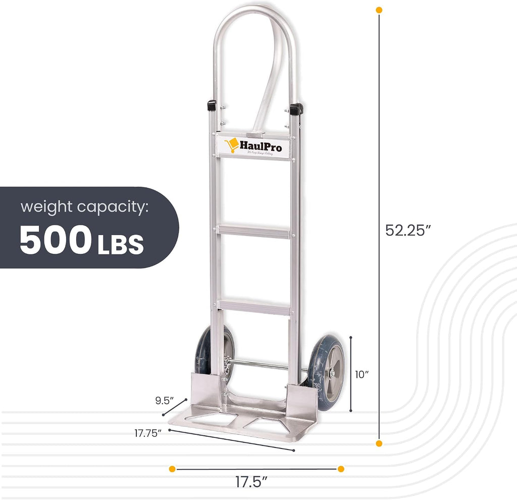 Heavy Duty Hand Truck with Vertical Loop Handle - Aluminum Dolly Cart for Moving - 500 Pound Capacity - 10' Rubber Wheels - 52.25' H x 17.5' W with 17.75' x 9.5' Diecast Nose Plate