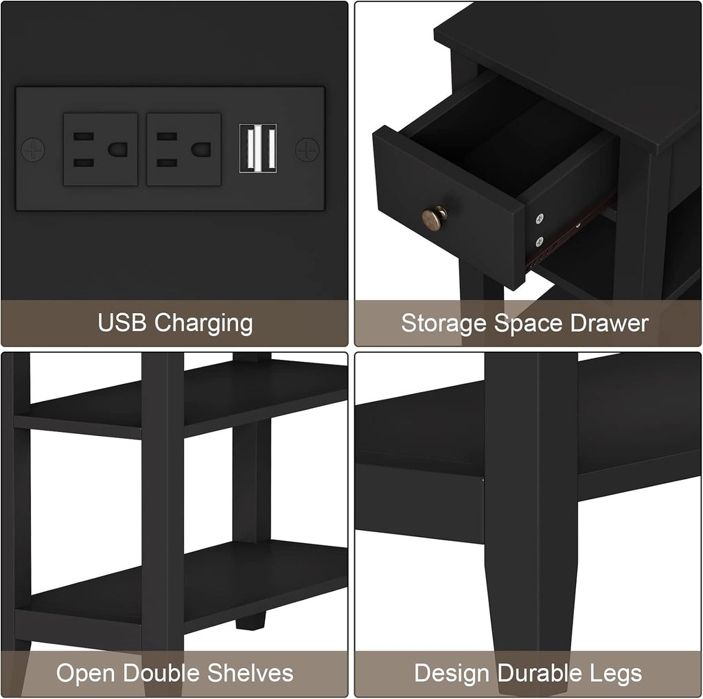 ChooChoo Black End Table Set of 2, Sofa Side Table Living Room with Charging Station,Narrow Night Stand with USB Ports & Power Outlets and Hidden Drawer