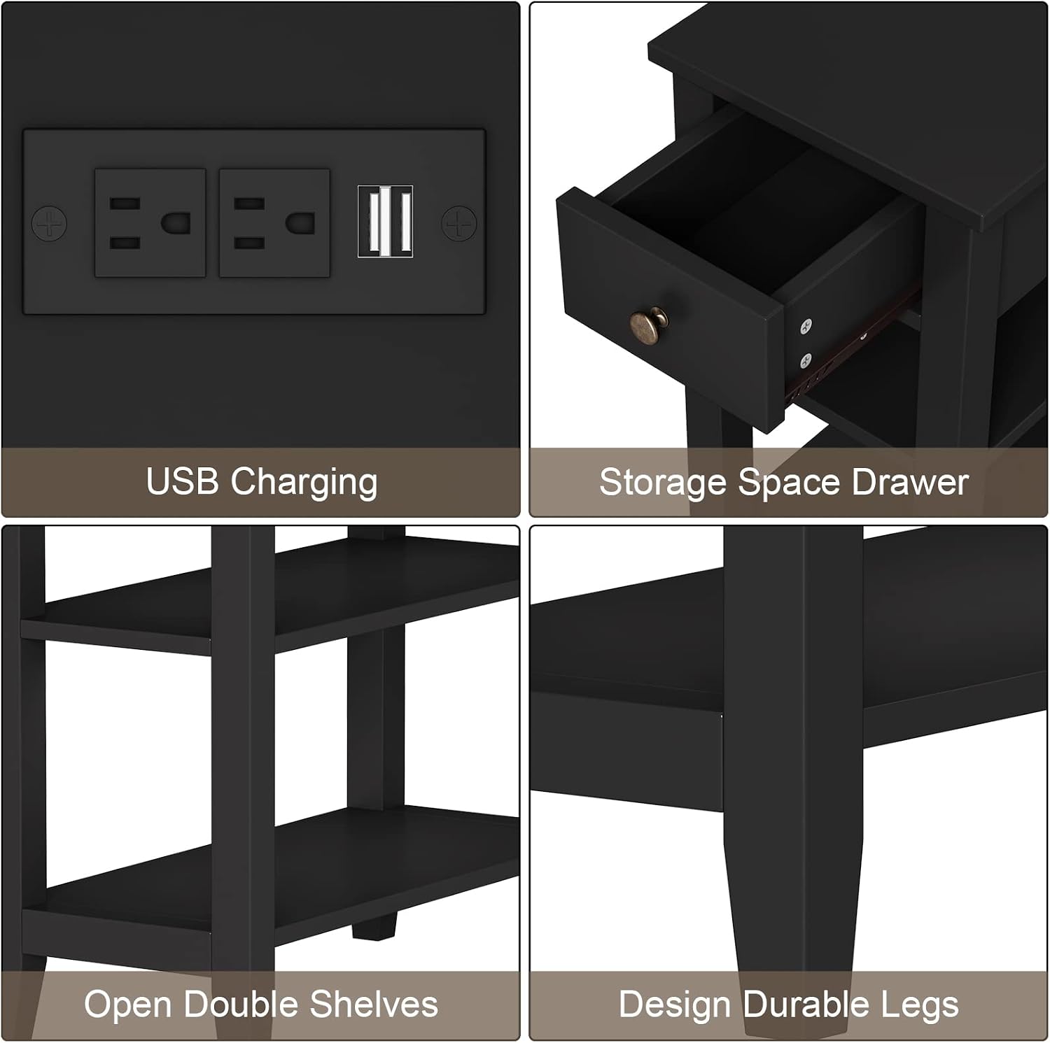 ChooChoo Black End Table Set of 2, Sofa Side Table Living Room with Charging Station,Narrow Night Stand with USB Ports & Power Outlets and Hidden Drawer