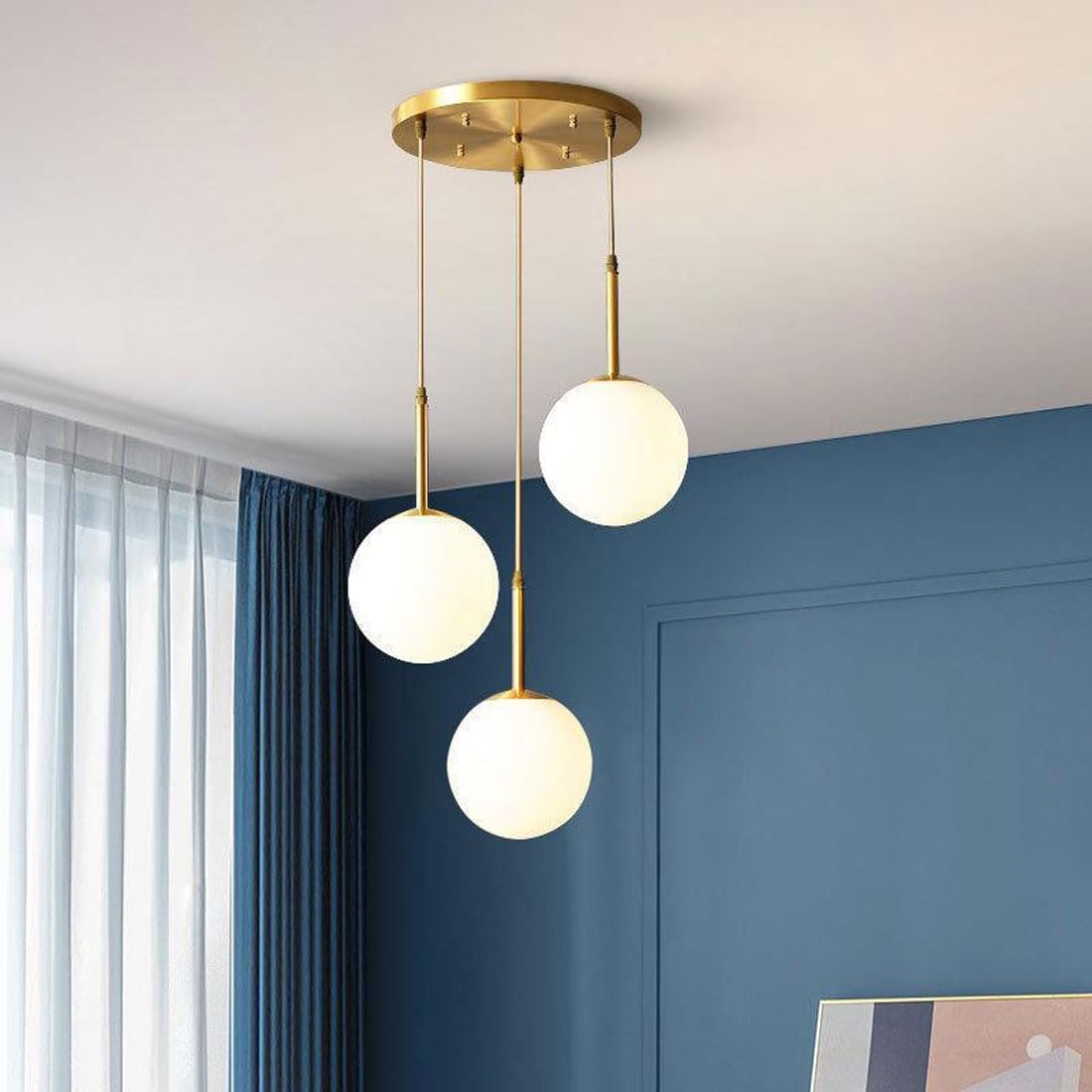 Pendant Lights for Living Room 3 Light Globe Modern Fixtures Farmhouse Pendant Lights for Kitchen Island Brushed Brass Finish Adjustable Hanging Chandelier Light Fixture for Bedroo