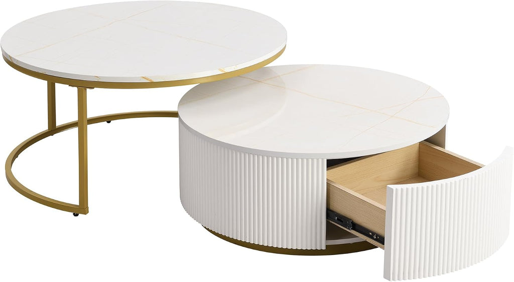 Merax 27.6' Modern Round Nesting Coffee Table Fluted with Drawer for Home Living Room, White & Gold