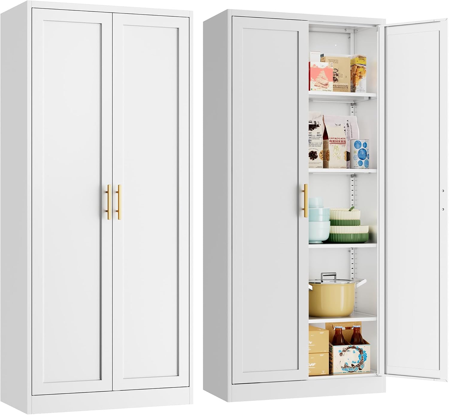 Metal Pantry Cabinet, 71'H x 28'W x 14'D Pantry Cabinets with 2 Doors and 4 Adjustable Shelves, Kitchen Pantry Storage Cabinets, Metal Storage Cabinet for Kitchen, Dining Room, Living Room-White