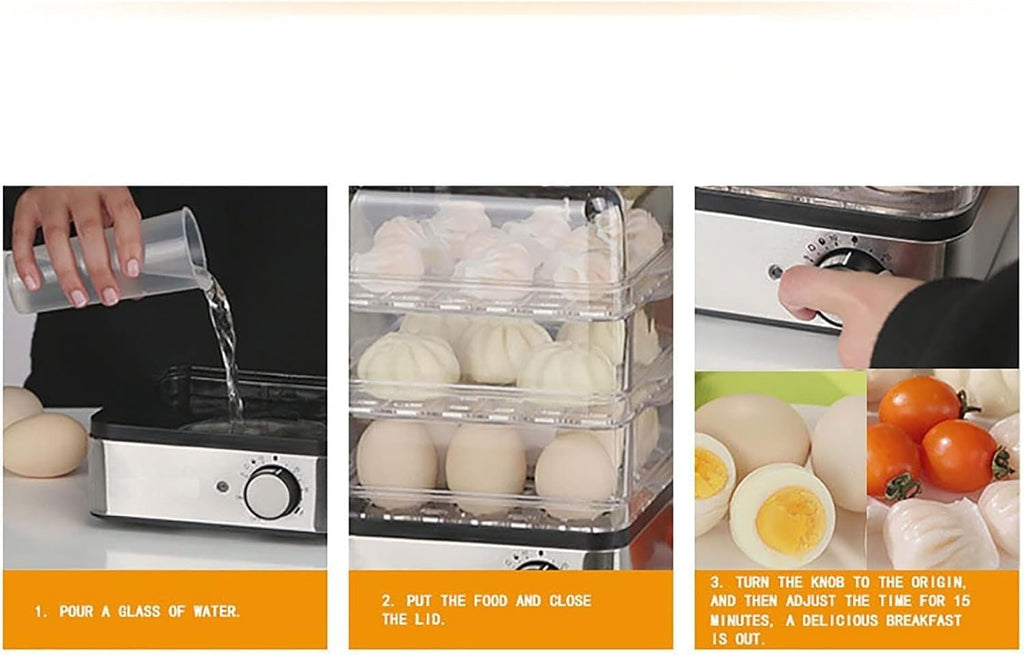 Food Steamer Automatic Timing Egg Cooker Boiler Multifunctional Three Layer Food Steamer Boiling Machine Egg Poacher Cooking Machine High Capacity (Color : Silver, Size : 17x17x29cm)