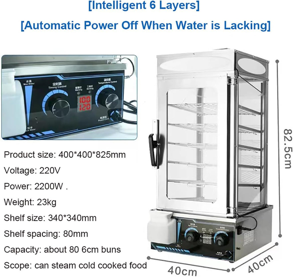 6-Layer Commercial Electric Steamer 2200W Electric Steamed Bun Machine 30-110℃ Temperature Range Anti-Dry Burning Food Steamer Warmer for Store Buffet