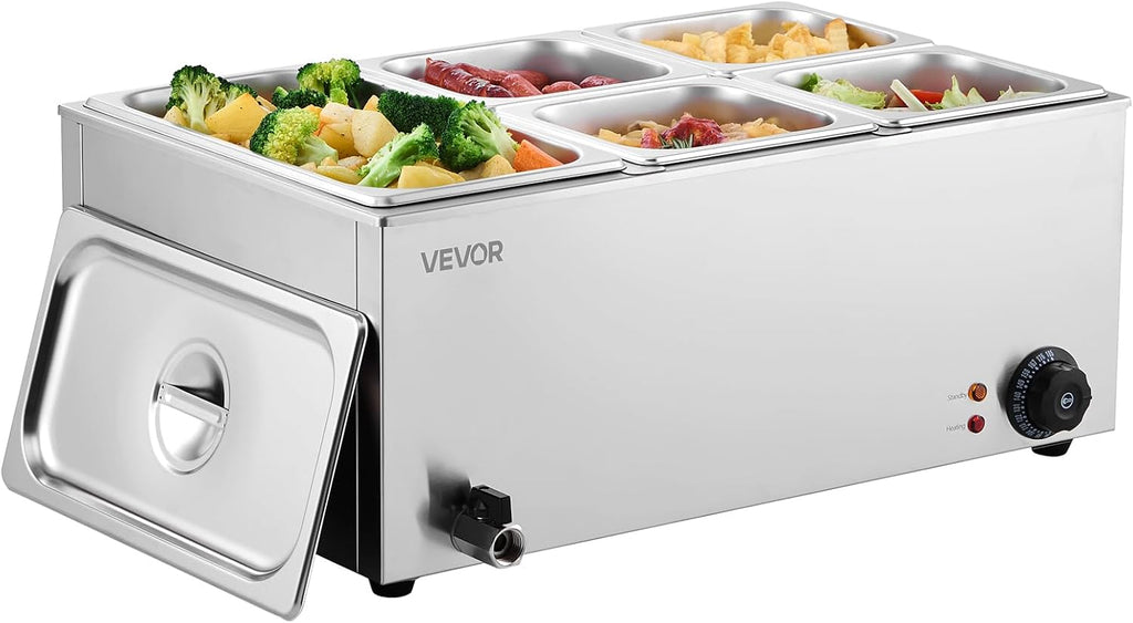 VEVOR 24QT Commercial Food Warmer, 5-Pan Electric Steam Table, 1200W Professional Countertop Stainless Steel Buffet Bain Marie with 86-185°F Temp Control for Catering, Buffet, Parties, Restaurants