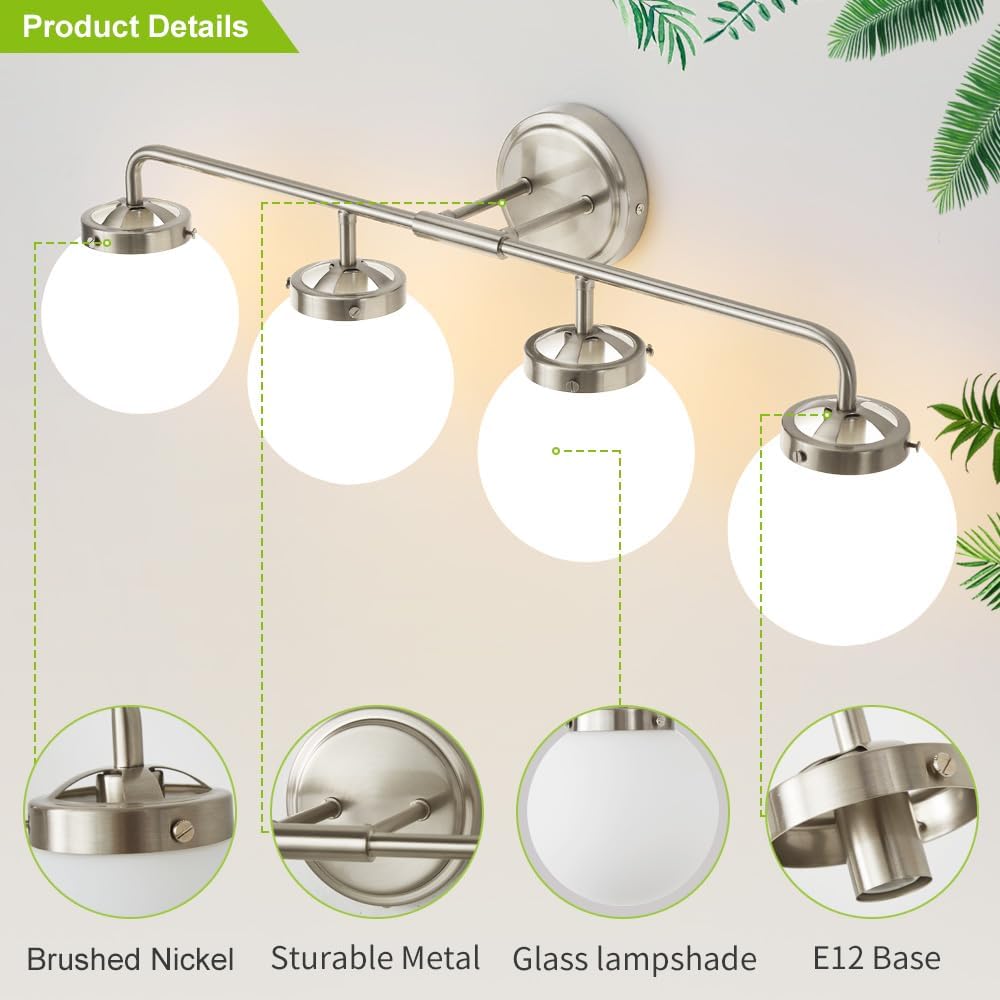 Bathroom Light Fixtures Over Mirror, Brushed Nickel Modern Vanity Lighting with Milk White Glass Globe Shades 4-Light Farmhouse Wall Sconce