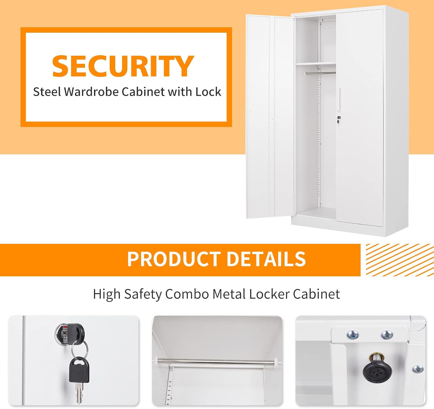 MIIIKO Steel Wardrobe Cabinet with 2 Doors, White Metal Locker Cabinet for Storage with Hanging Rod and 4 Shelves, Lockable Metal Closet for Bedroom, Cloakroom and Home Office