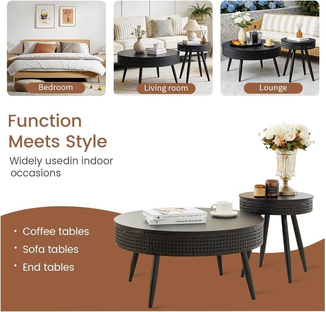 Bifins Black Round Nesting Coffee Table with Hidden Storage Set of 2, Modern Circle Coffee and End Table Set for Living Room Balcony (Black Set of 2)