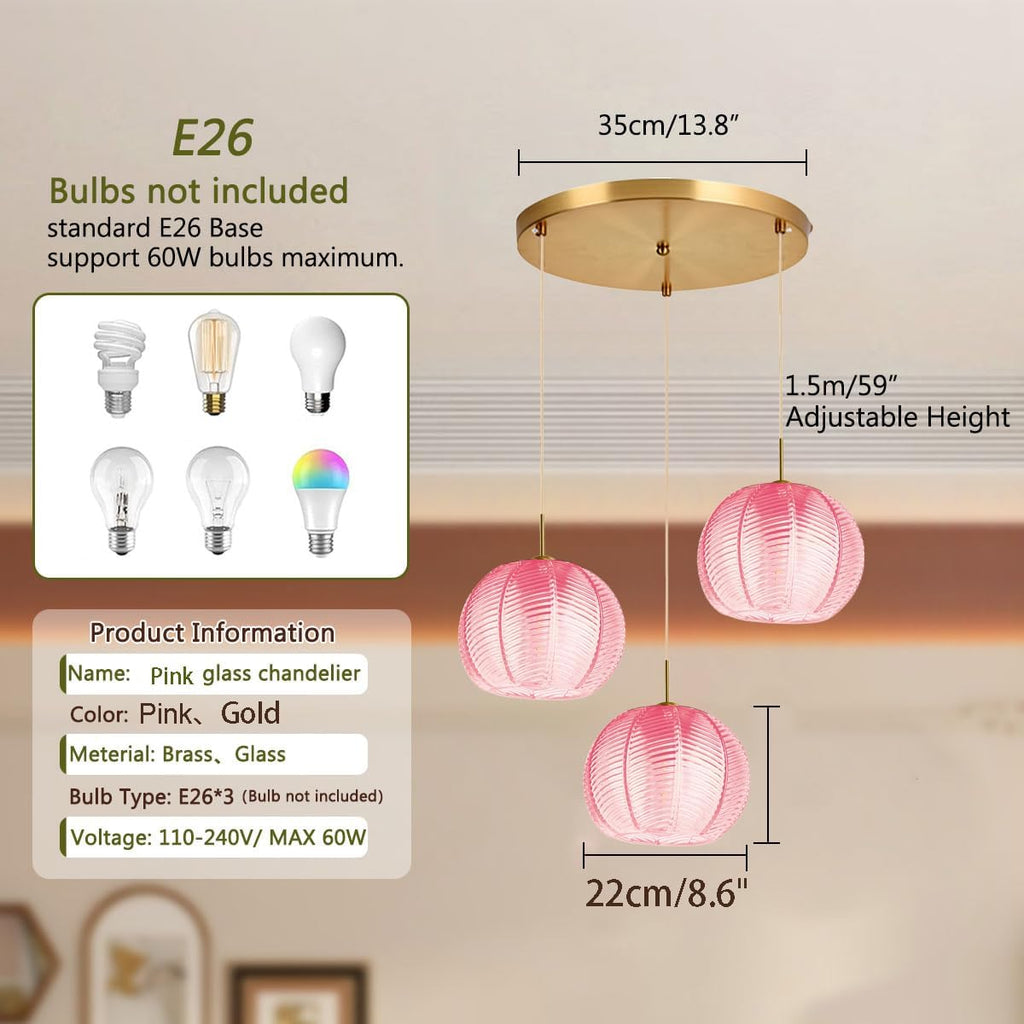 Cluster Chandelier 3-Lights Gold Pink Pendant Light Fixtures Glass Globe Chandeliers Dining Room Classic Glass Ball 8.6' Shade Adjustable Height Mid Century Modern Chandelier