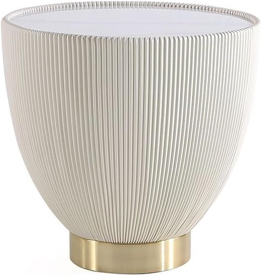 Manhattan Comfort Anderson Modern 18' Round End Table 2.0 | Ceramic Marble Tabletop, Elegant Pleated Leatherette Design & Gold Stainless Steel Base, Fully Assembled Accent Furniture, Set of 1, Cream