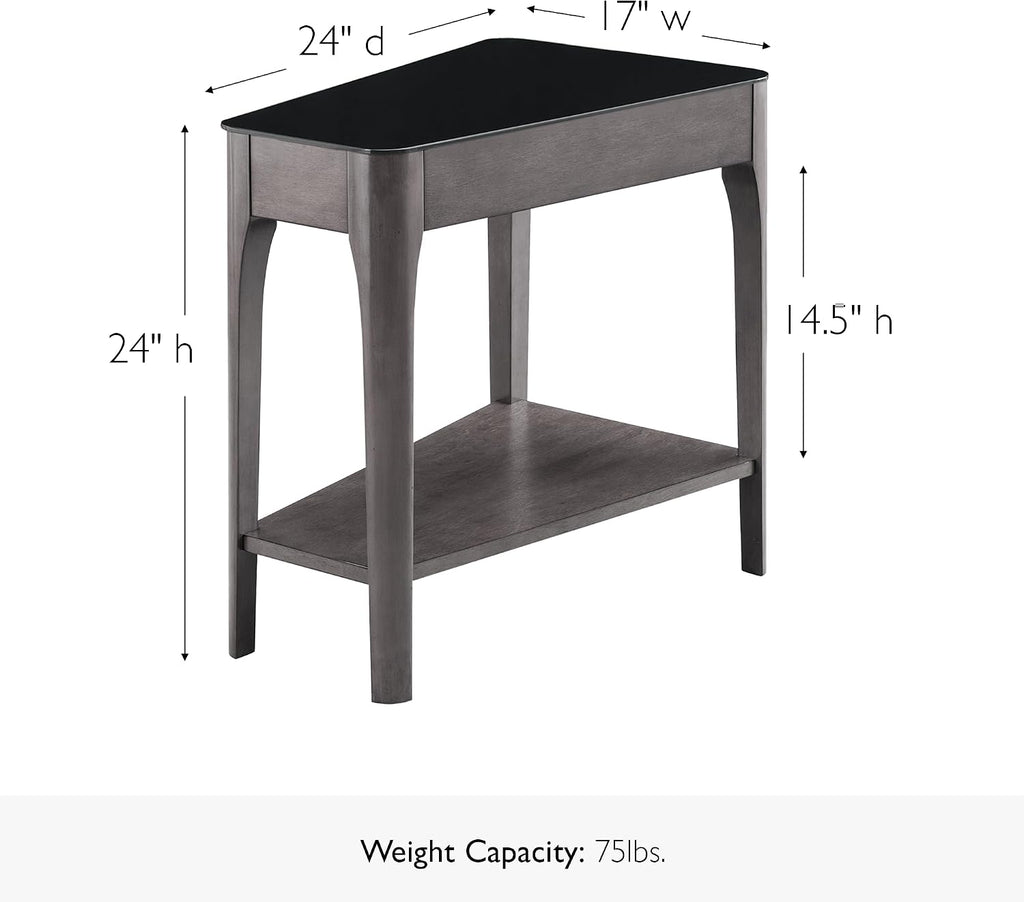 Leick Home Obsidian End Table, Solid Wood, Narrow Wedge Shape, Glass Tabletop, Bottom Display Shelf, Easy Assemlby, Smoke Gray/Black, 24.0 in. L x 17.0 in. W x 24.0 in. H, 11102-GR