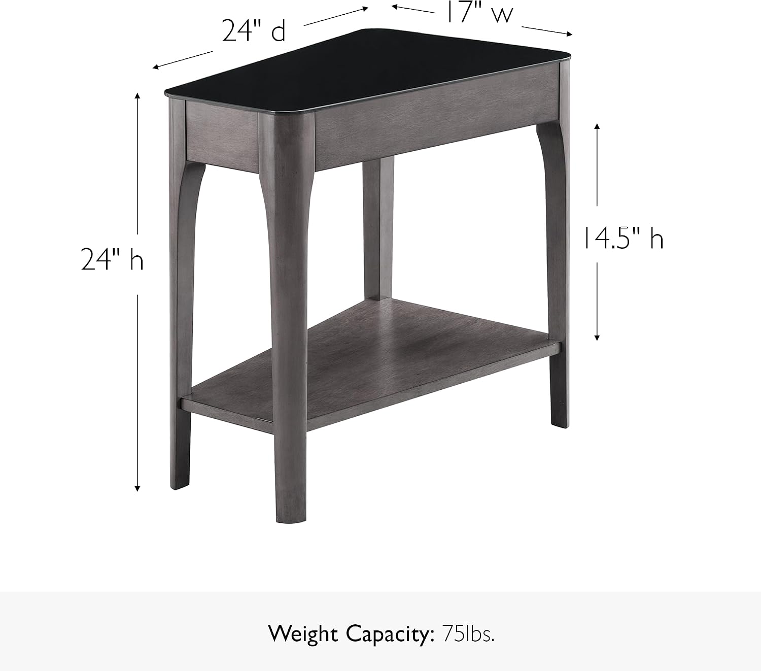 Leick Home Obsidian End Table, Solid Wood, Narrow Wedge Shape, Glass Tabletop, Bottom Display Shelf, Easy Assemlby, Smoke Gray/Black, 24.0 in. L x 17.0 in. W x 24.0 in. H, 11102-GR