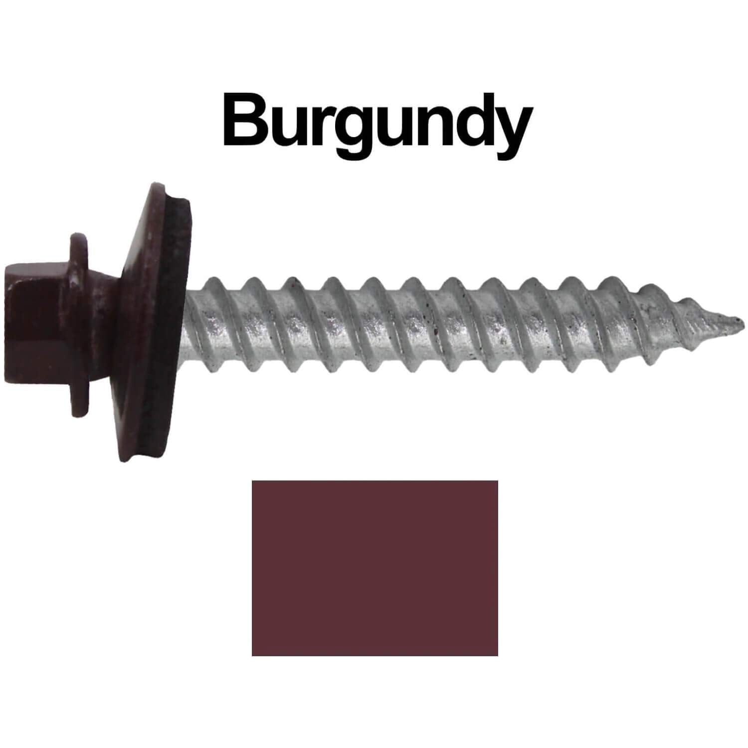 Metal Roofing Screw: (250) 12 x 1-1/2' Burgundy Hex Sheet Metal Roof Screw. Sharp Point Metal to Wood siding Screws. 5/8' EPDM Washer.