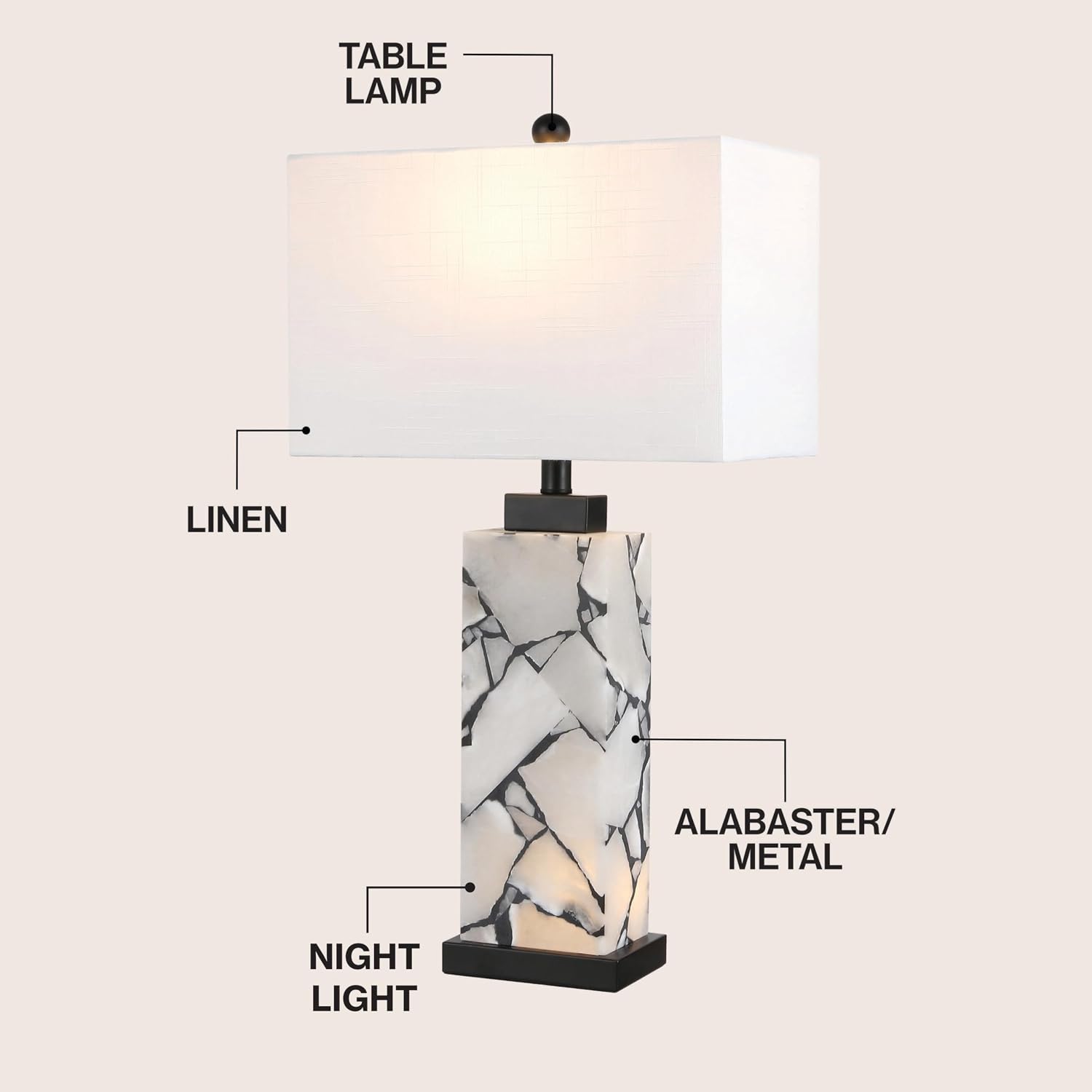 JONATHAN Y 27.5' Black White Alabaster Rectangular Table Lamp with Night Light Contemporary Coastal Bedside Lamp for Bedroom with White Linen Shade LED Bulbs Included JYL6201B