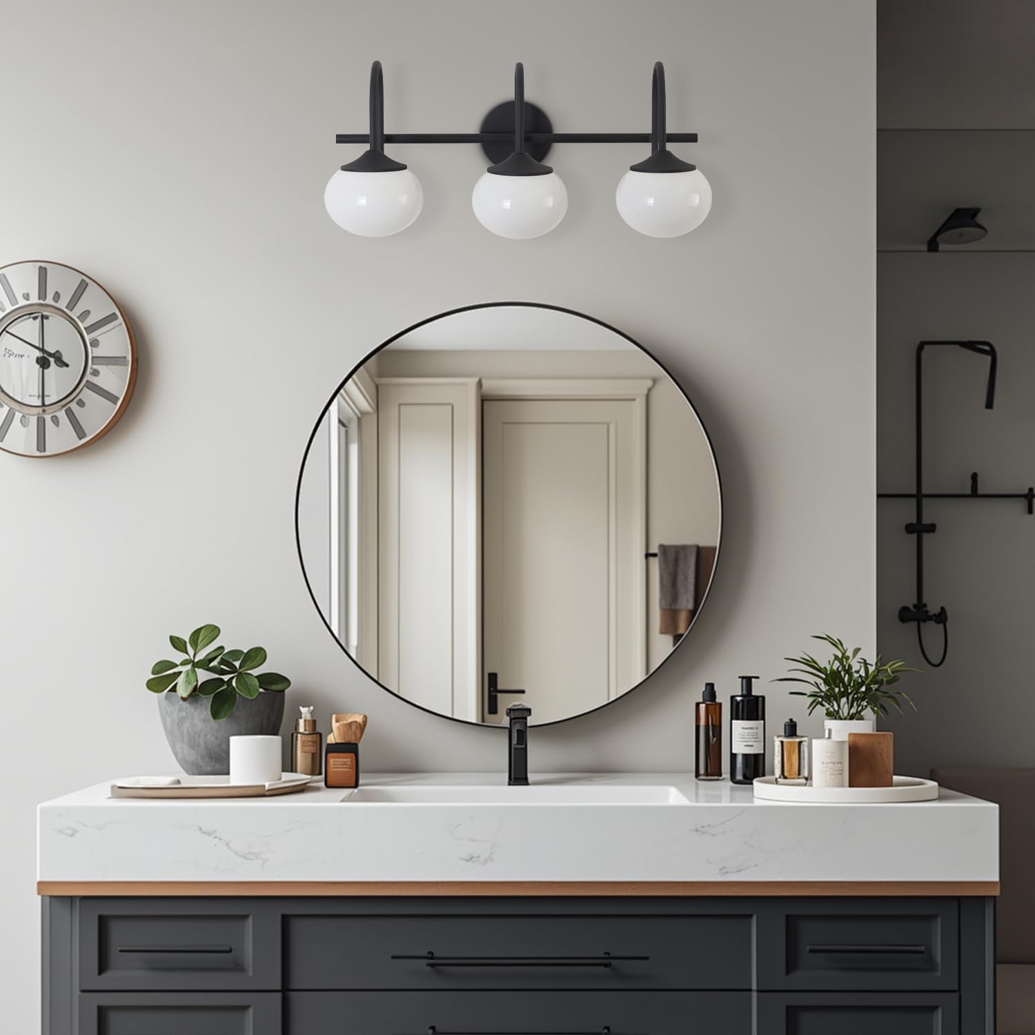 BOKT Farmhouse 3-Light Bathroom Vanity Light Black Vanity Light Over Mirror Industrial Bathroom Sconces Wall Lighting Milk White Glass Lampshade Rustic Wall Lamp for Bedroom Hallway