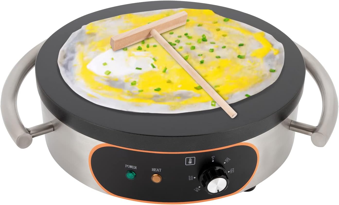 Commercial Crepe Maker Thin Pancake Griddle Single Pan Mini Pancakes Machine Electric Frying With Spatula Non-Stick Hotplate Adjustable Temperature For Catering Industry Bakeries Cafes (16In)