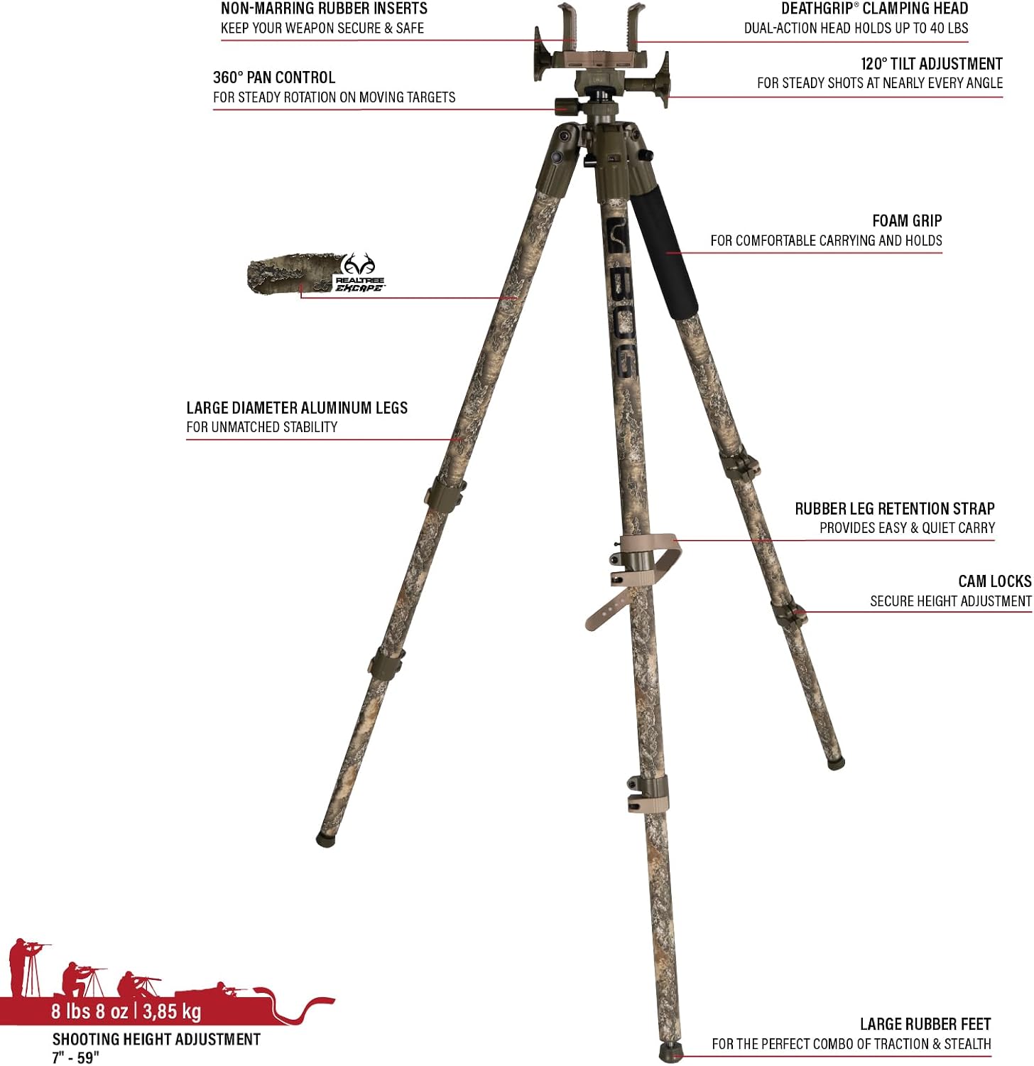 BOG DeathGrip Aluminum Tripod with Durable Frame, Lightweight, Stable Design, Bubble Level, Adjustable Legs, Shooting Rest, and Hands-Free Operation for Hunting, Shooting, and Outdoors