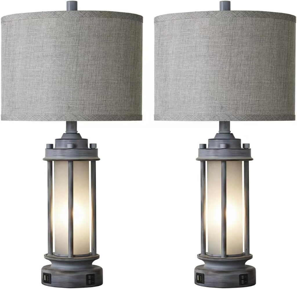 AIEAMPDO Set of 2 Rustic Table Lamps for Living Room, Farmhouse Vintage Nightstand Lamp with 2 USB Ports, Antique Retro Light Green Glass Night Light for Bedroom Entryway, 4 Bulbs Included