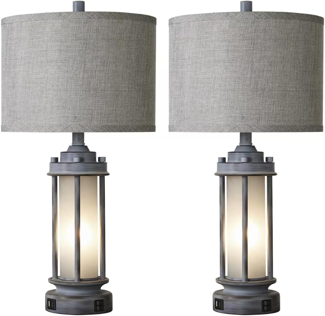 AIEAMPDO Set of 2 Rustic Table Lamps for Living Room, Farmhouse Vintage Nightstand Lamp with 2 USB Ports, Antique Retro Light Green Glass Night Light for Bedroom Entryway, 4 Bulbs Included