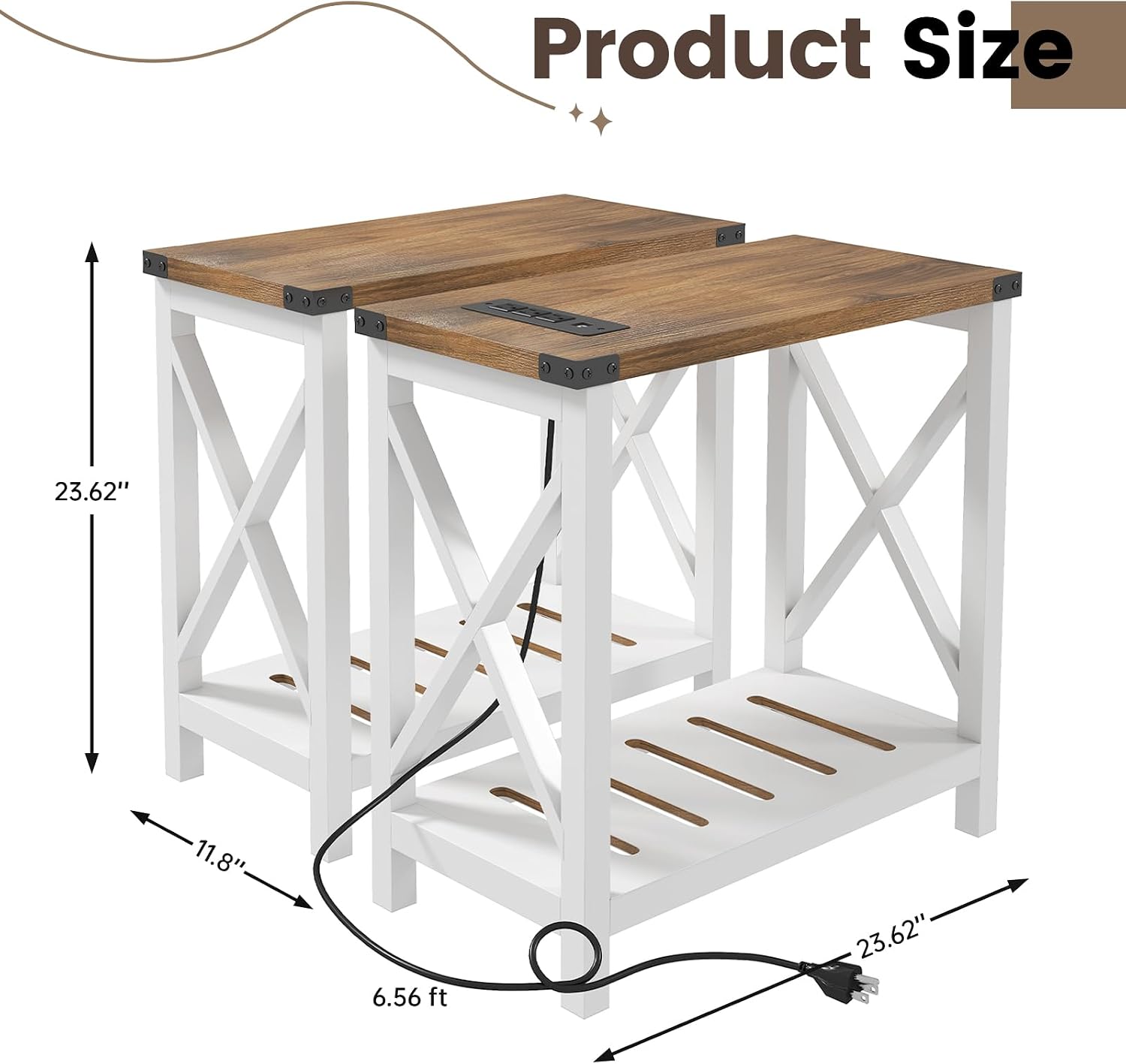 Hadulcet Farmhouse End Tables Living Room Set of 2, Narrow Side Table with Charging Station, Slim Nightstand for Small Space, Skinny Bedside Table, Sofa Side Table with Storage Shelf, White & Brown