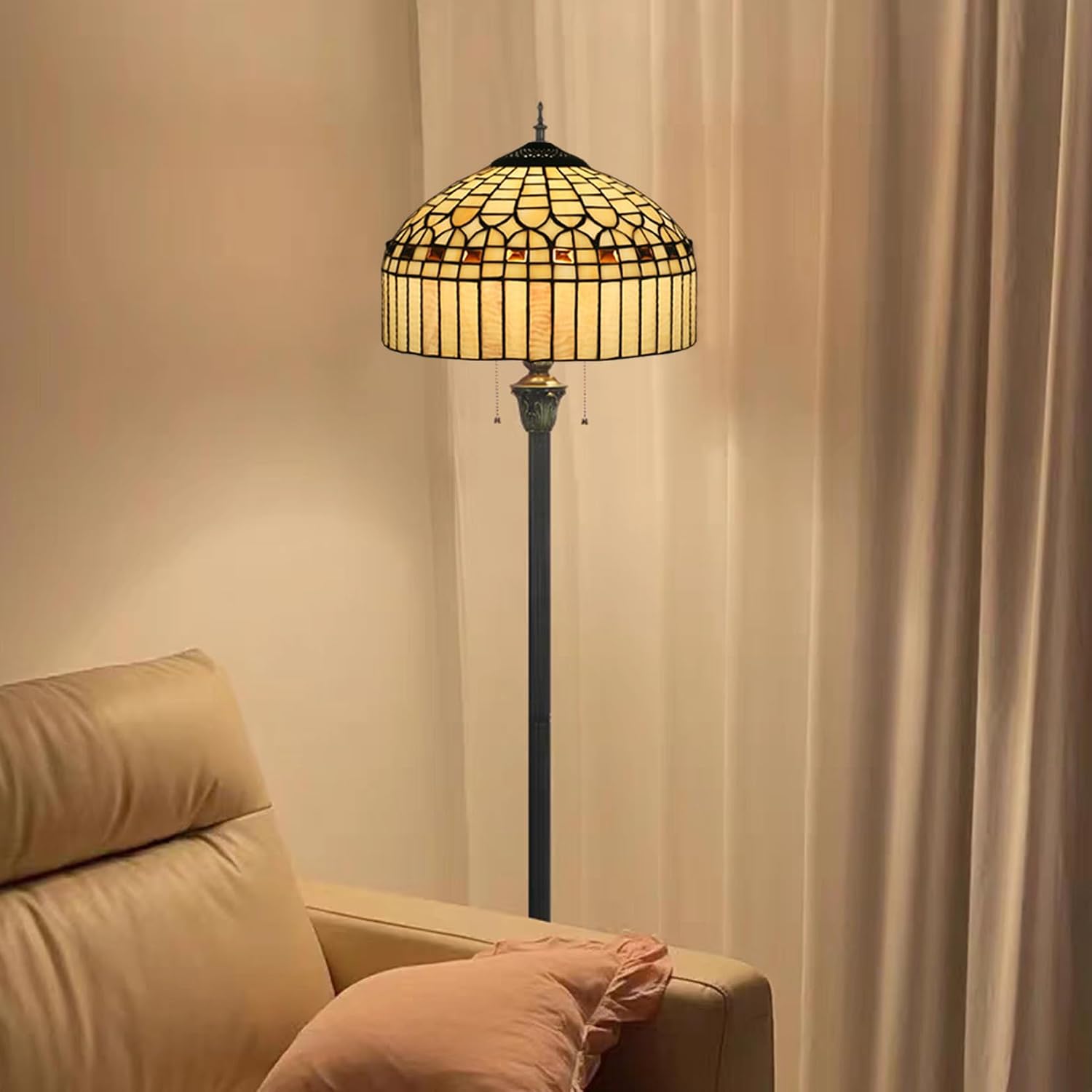 Tiffany Table Lamp Shade Replacement Only 16X9 Inch Stained Glass Yellow Beige Amber Lampshades, for Floor Lamp Desk Lamp Pendant lamp Ceiling Light Bedside Reading Lamp
