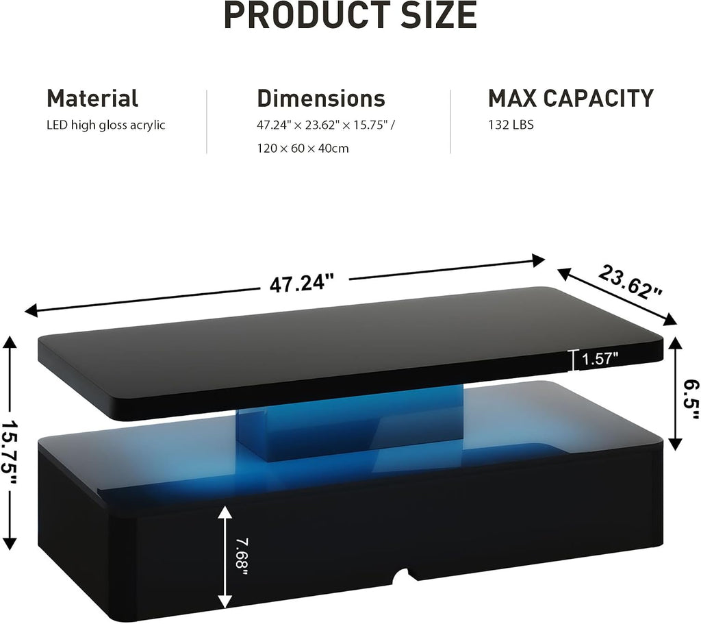 47' Modern Coffee Table with 16 Colors LED Lights, 2 Tier Rectangular Center Table with Large Storage Space, Stylish High Glossy Wooden Tea Tables for Living Room, Bedroom, Home Office, Black