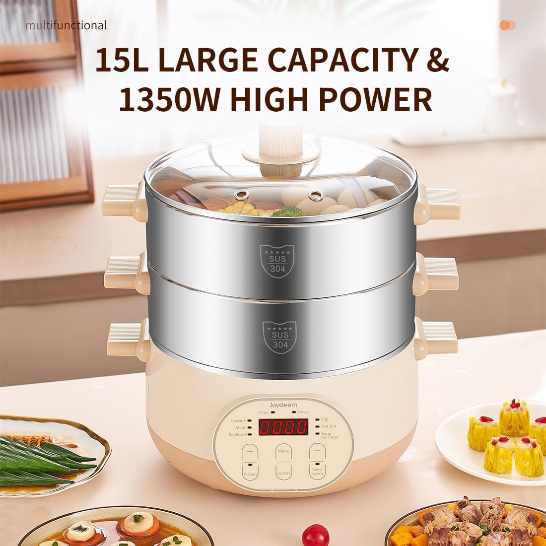 Joydeem Electric Food Steamer for Cooking, 2-Tier Stainless Steel Vegetable & Food Steamers, 15L/15.9 qt Large Capacity, JD-DZG15B