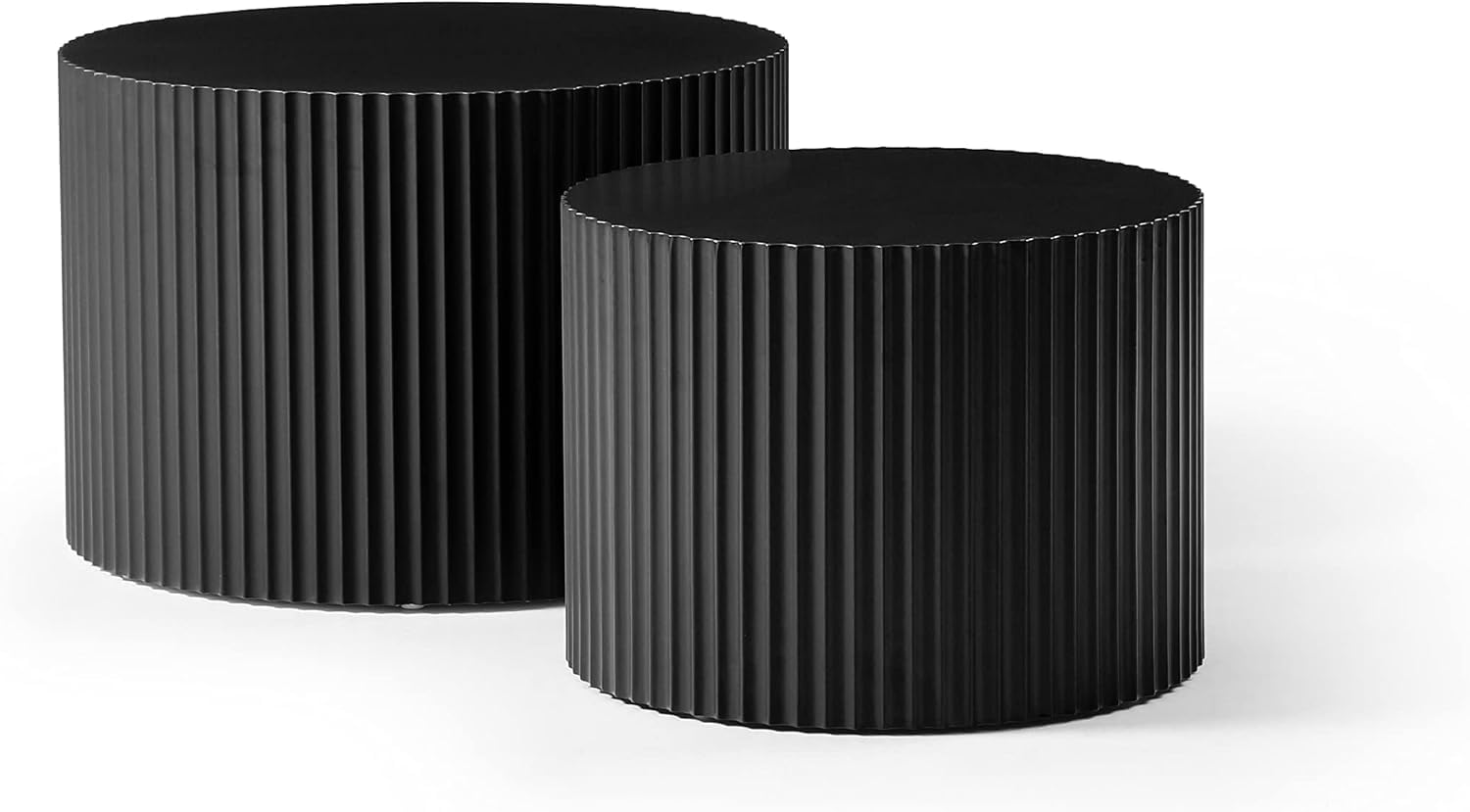 Nesting Coffee Tables Set of 2, 23.6' Round Coffee Tables for Living Room, Modern Fluted Tea Tables, Wooden Drum Accent Tables for Living Room, No Assembly Required - Black