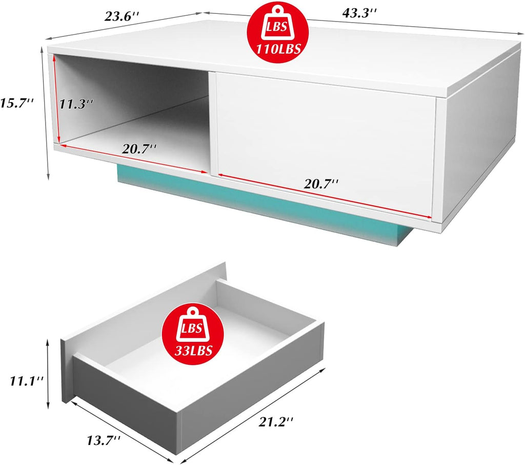 COSVALVE Modern White LED Coffee Tables for Living Room with Drawer & 16-Color LED Lights, Rectangle Living Room Sofa Table with Ample Storage Space(23.6' D x 43.3' W x 15.7' H)