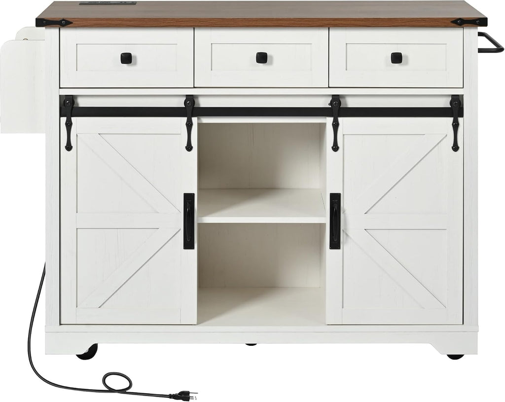 Bellemave 53.7' Farmhouse Kitchen Island cart with Charging Station, Rolling Kitchen Island Table with Drop-Leaf, 3 Drawers, Barn Doors, Large, White