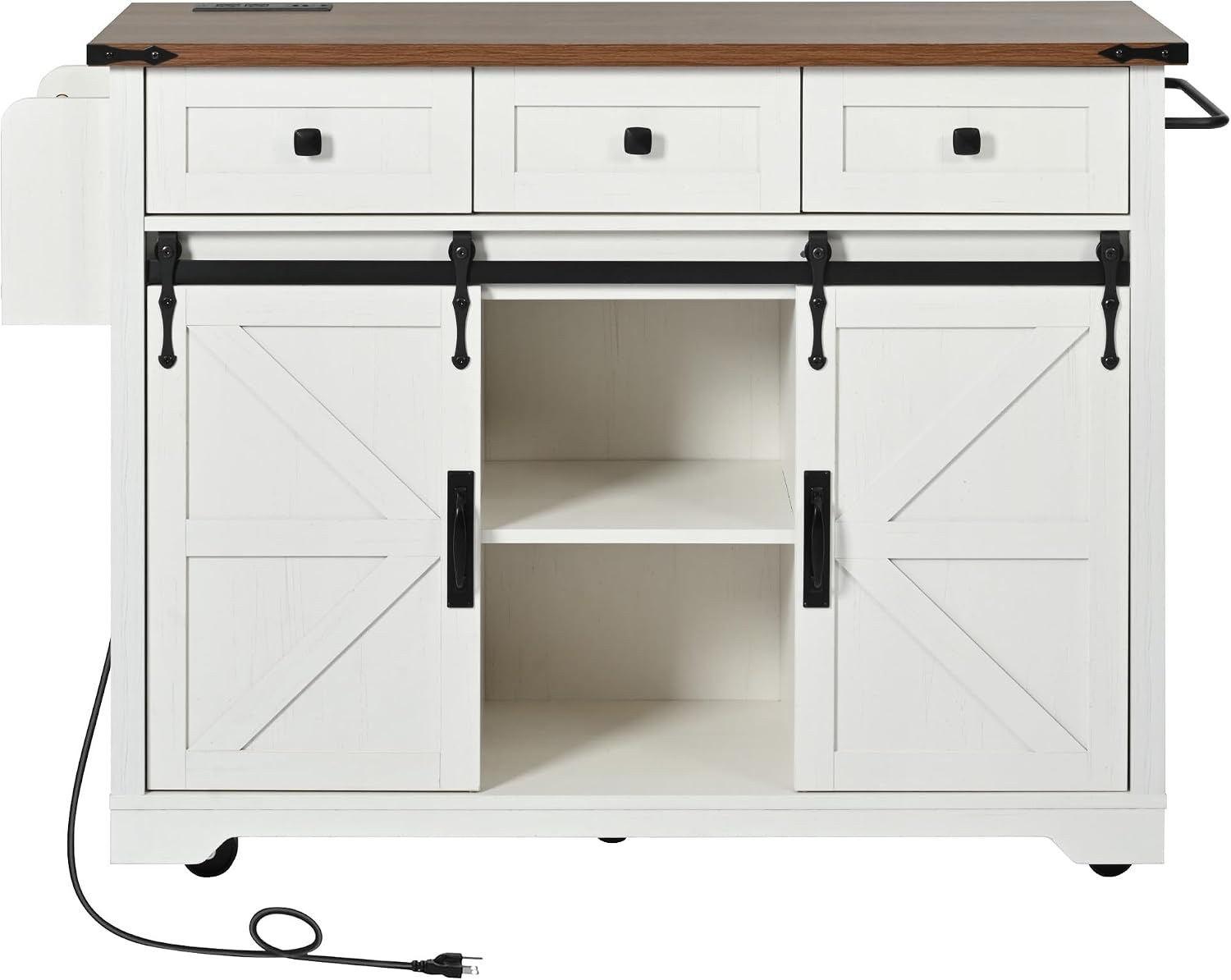 Bellemave 53.7' Farmhouse Kitchen Island cart with Charging Station, Rolling Kitchen Island Table with Drop-Leaf, 3 Drawers, Barn Doors, Large, White