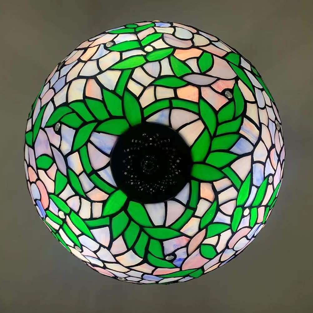 Blue Purple Stained Glass Lampshade Replacement, Tiffany Style Vintage Pastoral Green Leaves White Beads Shade for Table Lamp, Ceiling Pendant Light, Chandelier, Floor Lamp,Purple,16inch